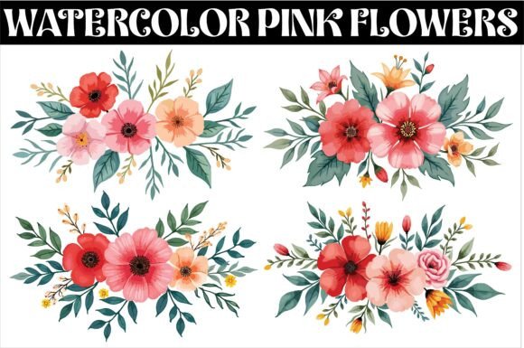Download Watercolor Pink Flowers and Green Leaves - Green Collection