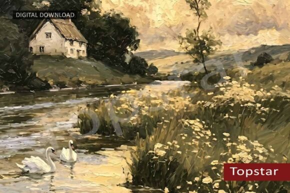 Download River Swans Golden Summer Wall Art Decor - River Collection