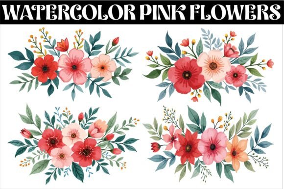 Download Watercolor Pink Flowers and Green Leaves - Green Collection