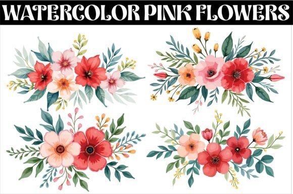 Download Watercolor Pink Flowers and Green Leaves - Green Collection